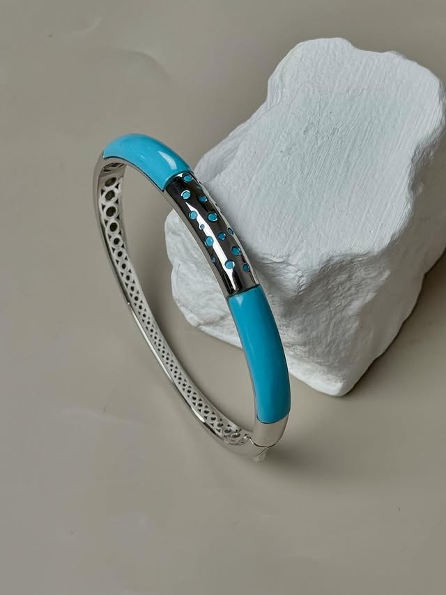 Sterling Silver and Enamel Bangle Bracelet with Modern Dot Accents