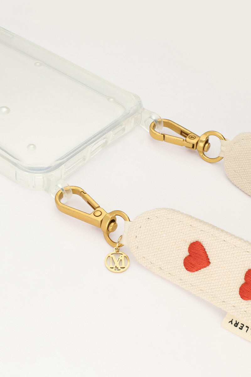 Beige phone lanyard with red hearts